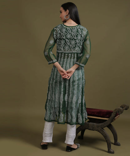 NEA Chikankari Bottle Green Georgette A-line Anarkali Gown With White Embroidery