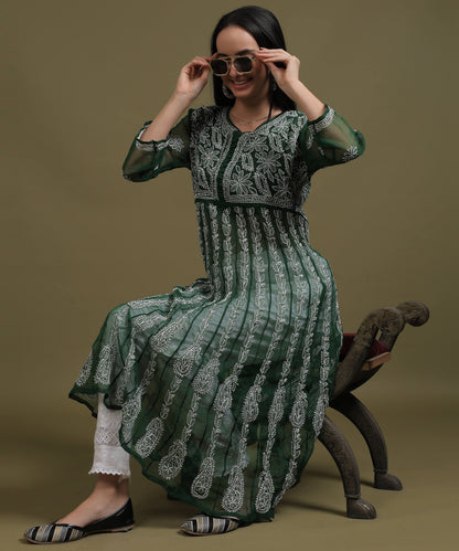 NEA Chikankari Bottle Green Georgette A-line Anarkali Gown With White Embroidery