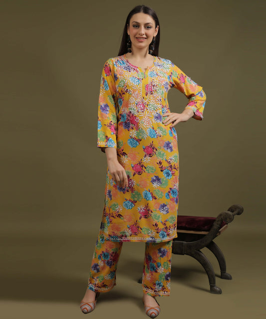NEA Chikankari Rayon Printed Yellow Palzzo Set With White Embroidery