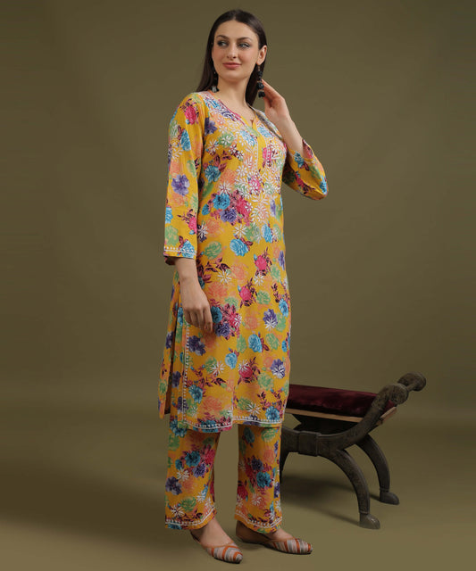 NEA Chikankari Rayon Printed Yellow Palzzo Set With White Embroidery