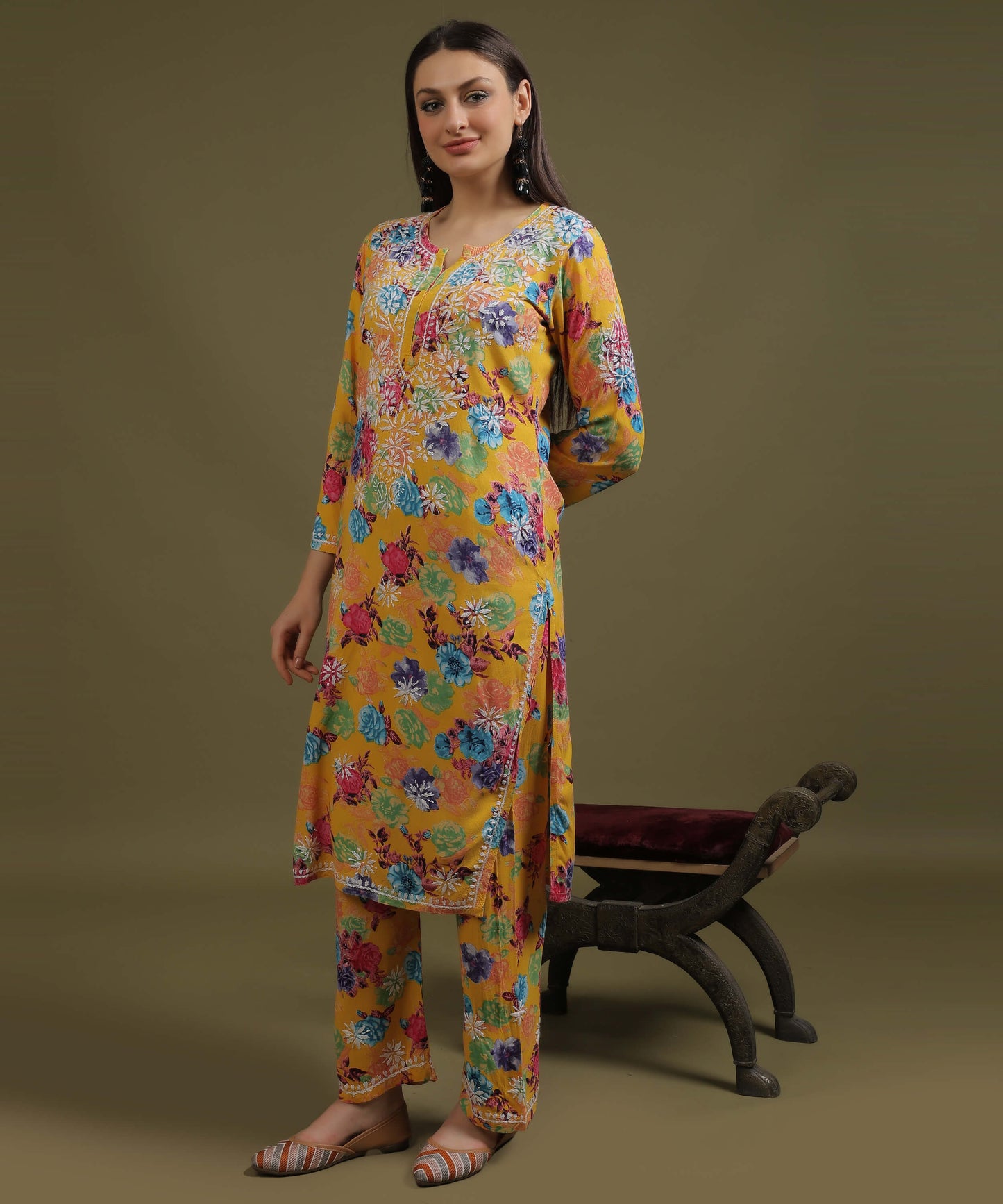 NEA Chikankari Rayon Printed Yellow Palzzo Set With White Embroidery