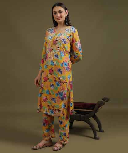 NEA Chikankari Rayon Printed Yellow Palzzo Set With White Embroidery