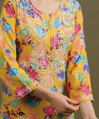 NEA Chikankari Rayon Printed Yellow Palzzo Set With White Embroidery