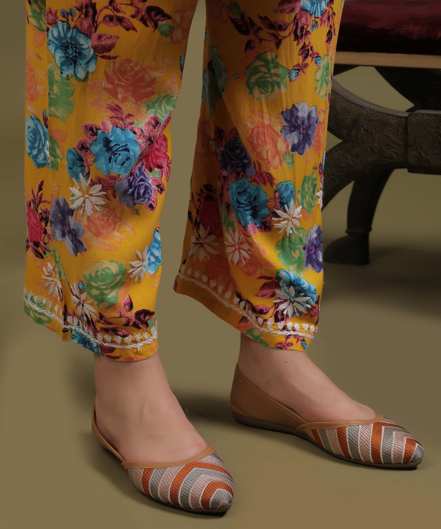 NEA Chikankari Rayon Printed Yellow Palzzo Set With White Embroidery