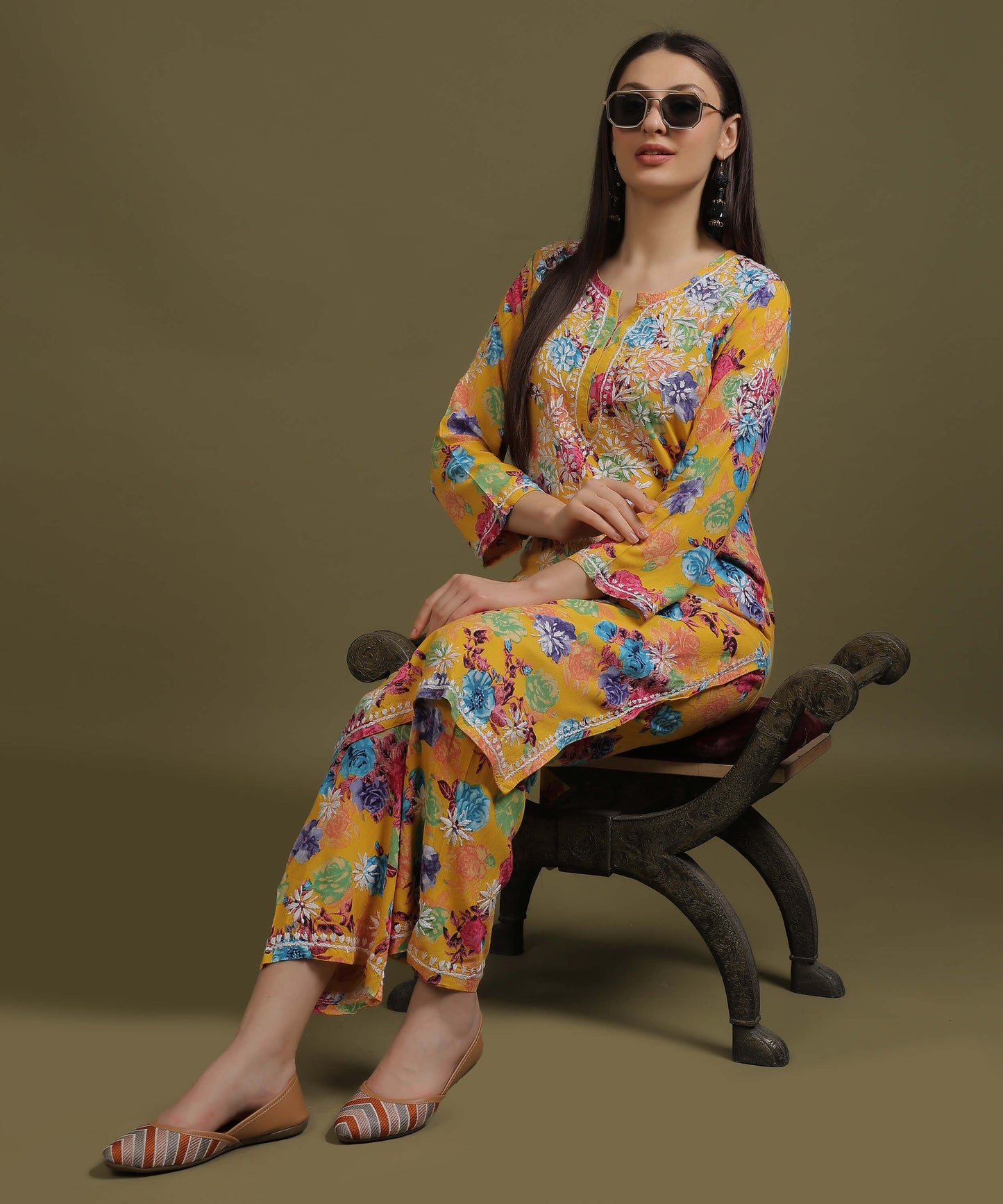 NEA Chikankari Rayon Printed Yellow Palzzo Set With White Embroidery