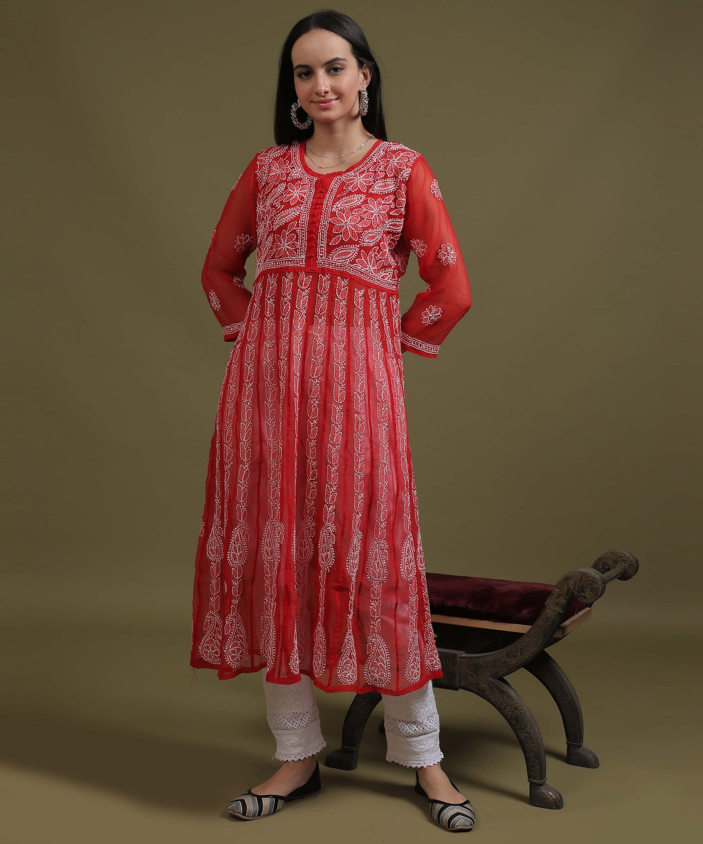 NEA Chikankari Red Georgette A-line Anarkali Gown With White Embroidery