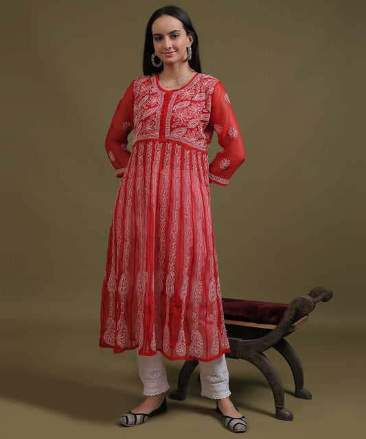 NEA Chikankari Red Georgette A-line Anarkali Gown With White Embroidery