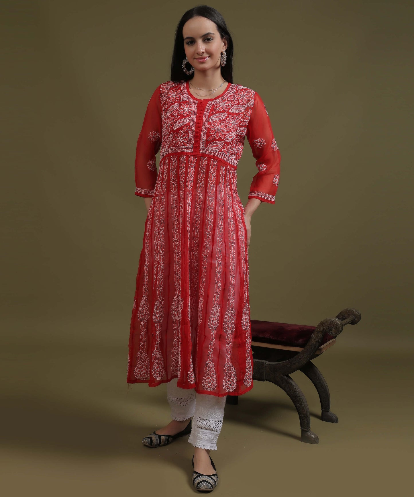 NEA Chikankari Red Georgette A-line Anarkali Gown With White Embroidery
