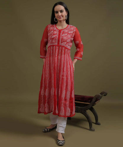 NEA Chikankari Red Georgette A-line Anarkali Gown With White Embroidery