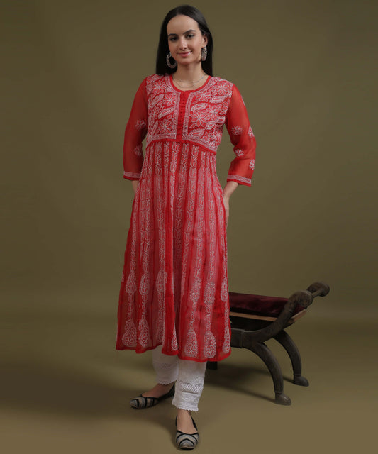 NEA Chikankari Red Georgette A-line Anarkali Gown With White Embroidery