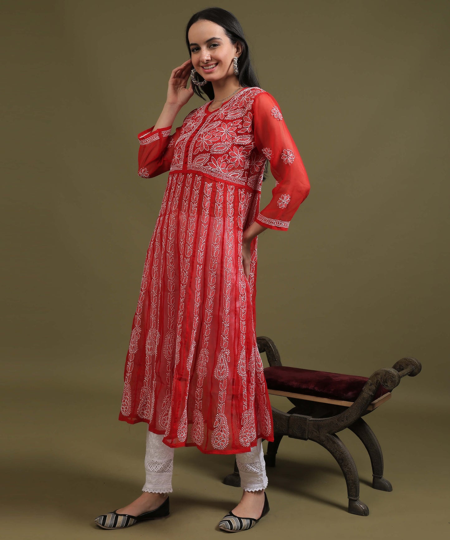 NEA Chikankari Red Georgette A-line Anarkali Gown With White Embroidery