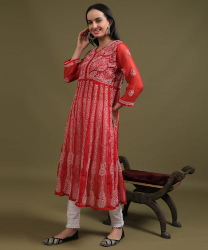 NEA Chikankari Red Georgette A-line Anarkali Gown With White Embroidery