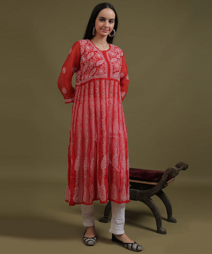 NEA Chikankari Red Georgette A-line Anarkali Gown With White Embroidery