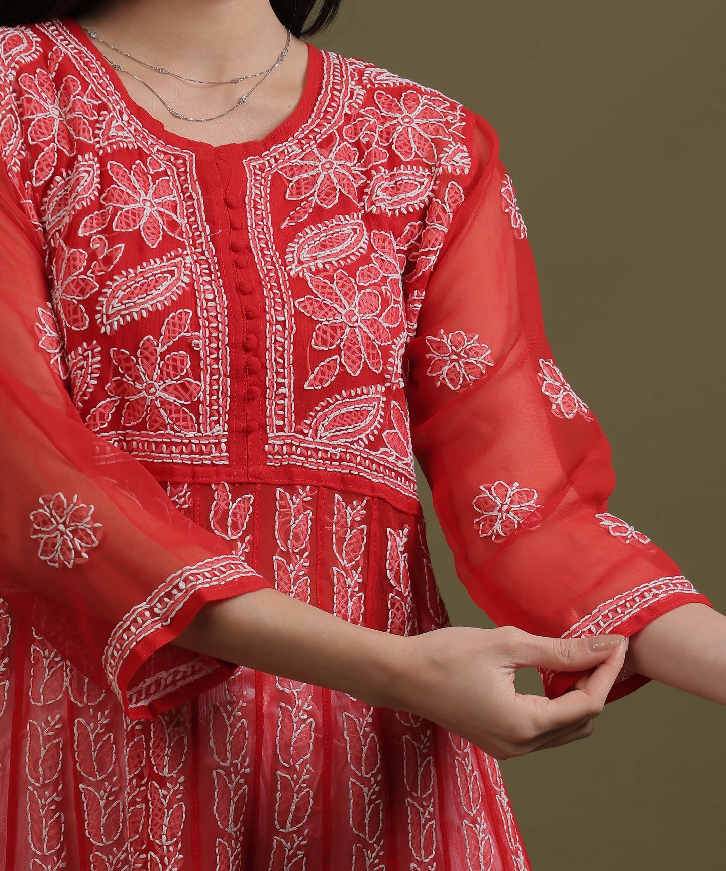 NEA Chikankari Red Georgette A-line Anarkali Gown With White Embroidery