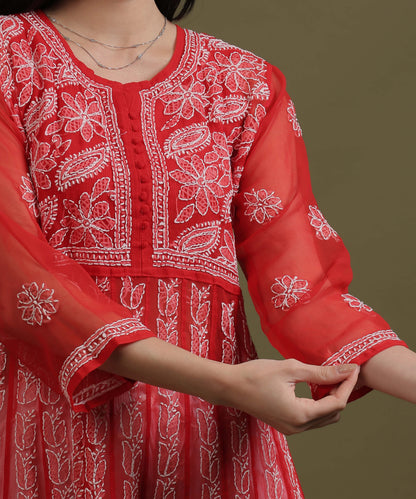 NEA Chikankari Red Georgette A-line Anarkali Gown With White Embroidery