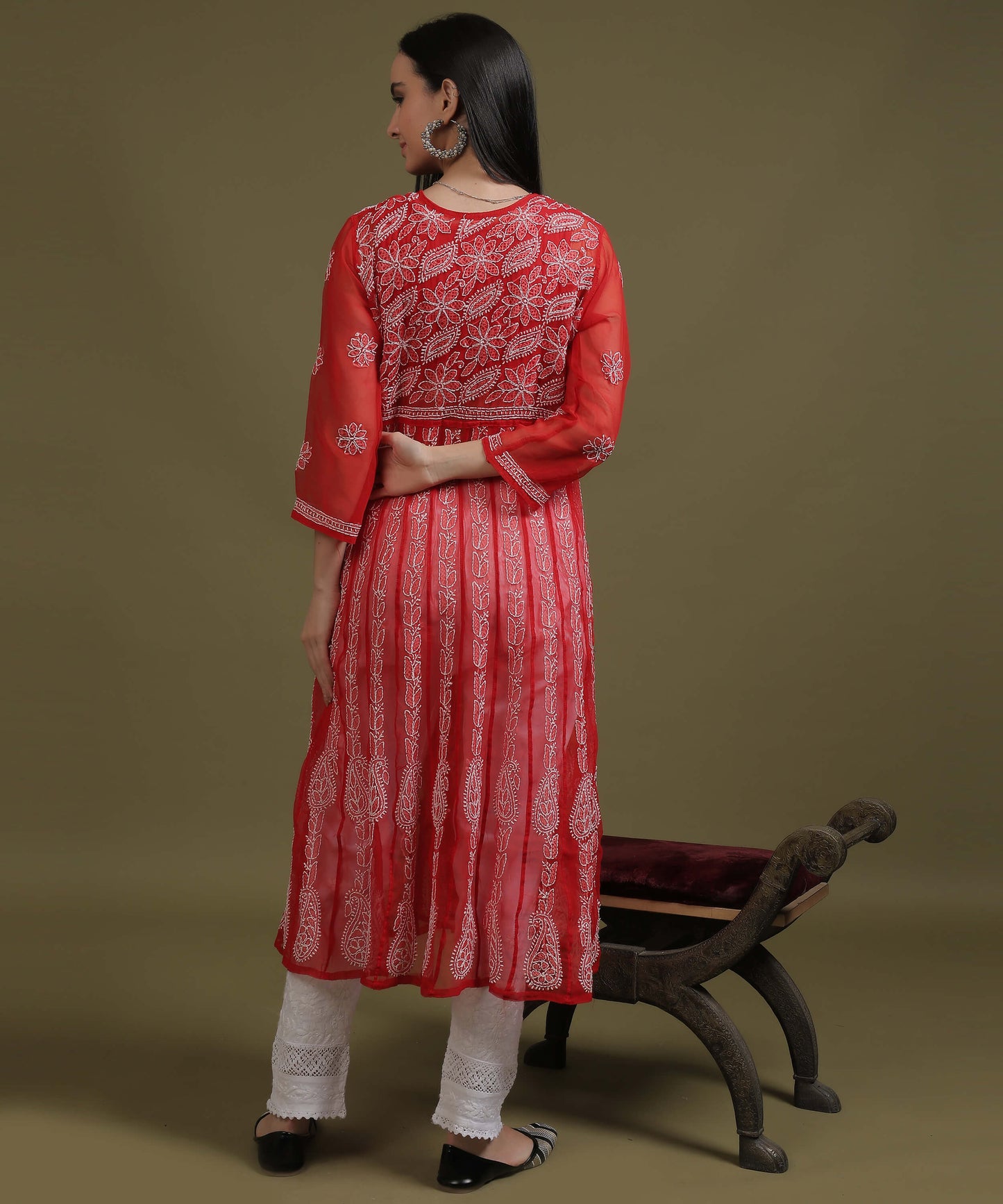 NEA Chikankari Red Georgette A-line Anarkali Gown With White Embroidery
