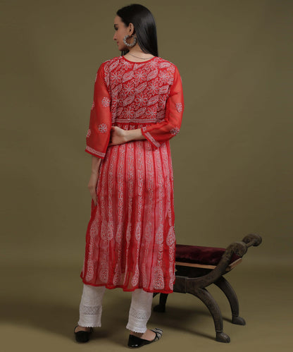 NEA Chikankari Red Georgette A-line Anarkali Gown With White Embroidery