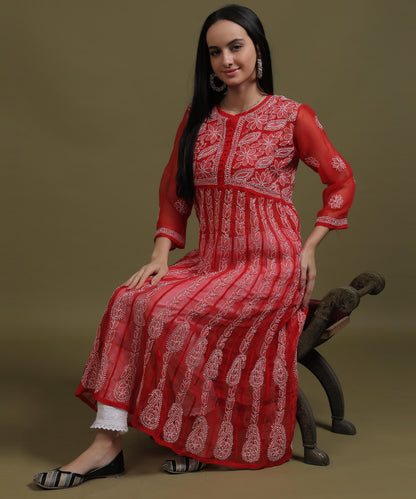 NEA Chikankari Red Georgette A-line Anarkali Gown With White Embroidery
