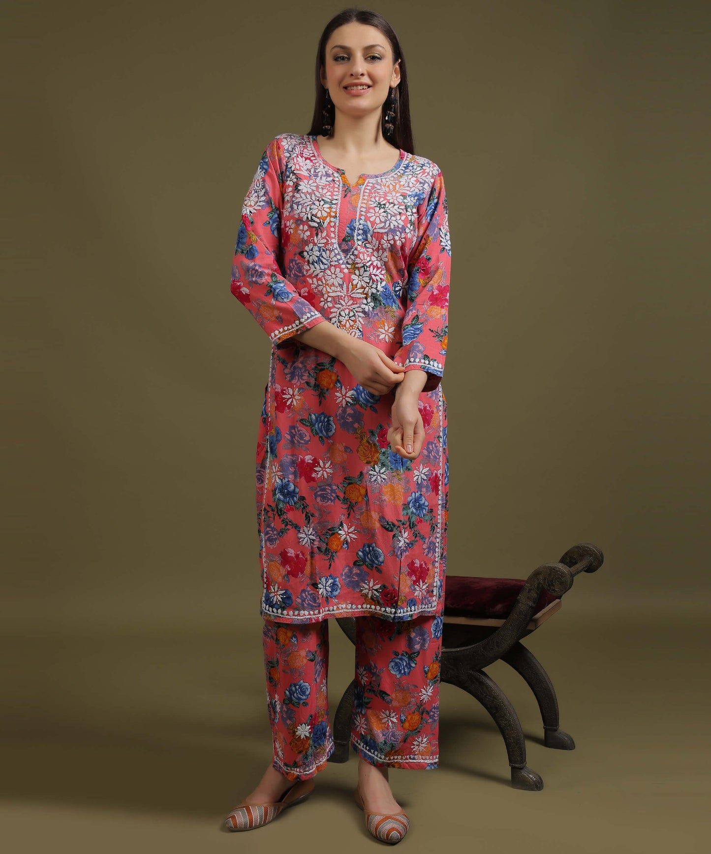NEA Chikankari Rayon Printed Pink Palazo Set With White Embroidery