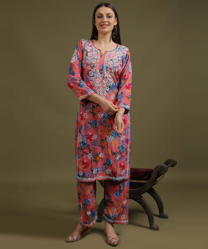 NEA Chikankari Rayon Printed Pink Palazo Set With White Embroidery