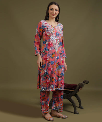 NEA Chikankari Rayon Printed Pink Palazo Set With White Embroidery