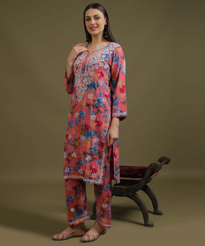 NEA Chikankari Rayon Printed Pink Palazo Set With White Embroidery