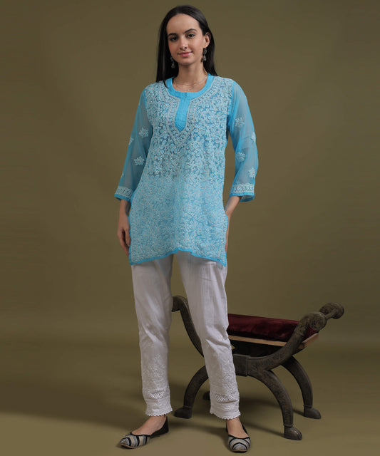 NEA Chikankari Sky Blue Georgette Short Kurti With White Embroidery