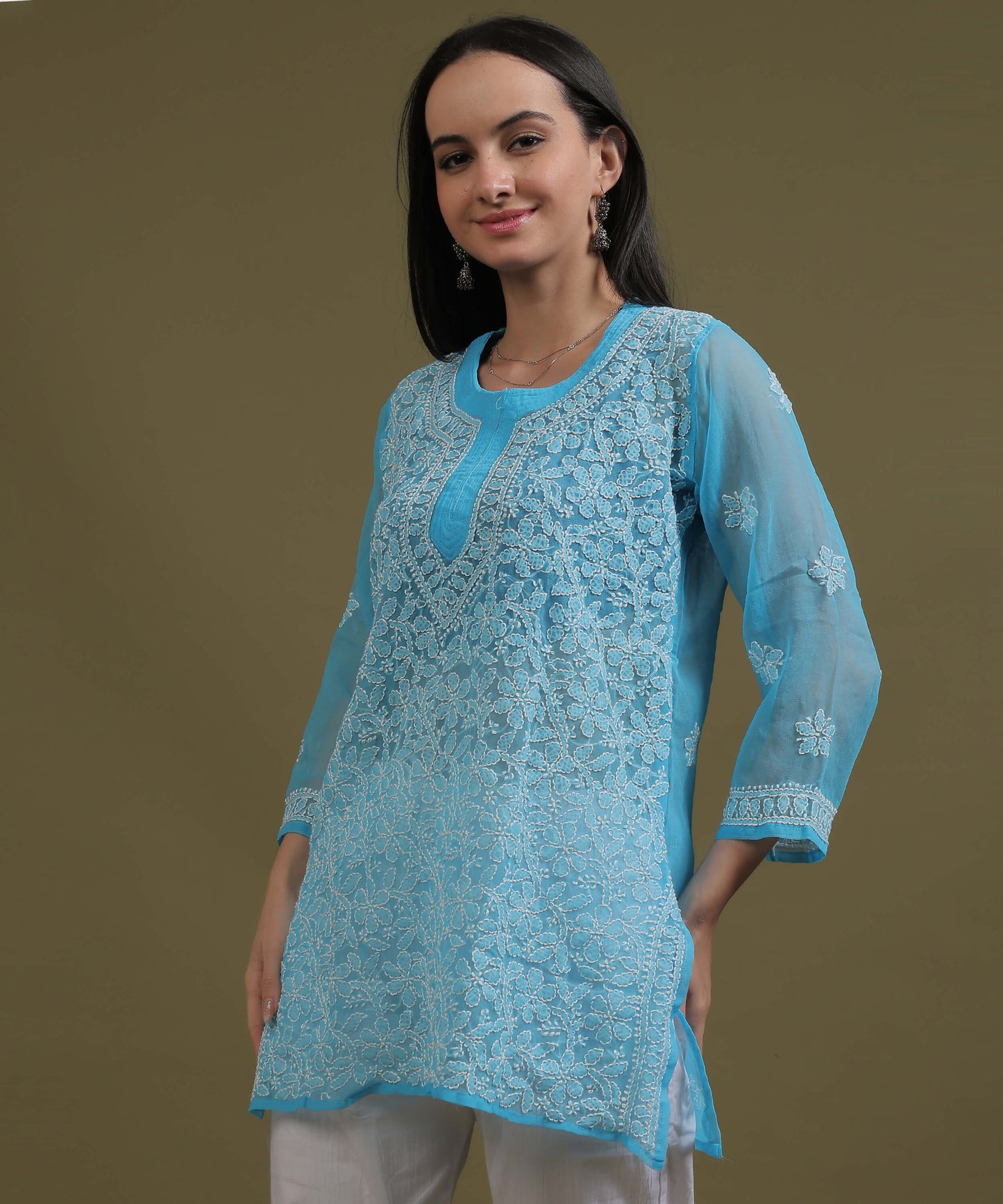 NEA Chikankari Sky Blue Georgette Short Kurti With White Embroidery