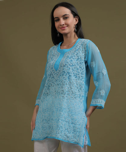 NEA Chikankari Sky Blue Georgette Short Kurti With White Embroidery