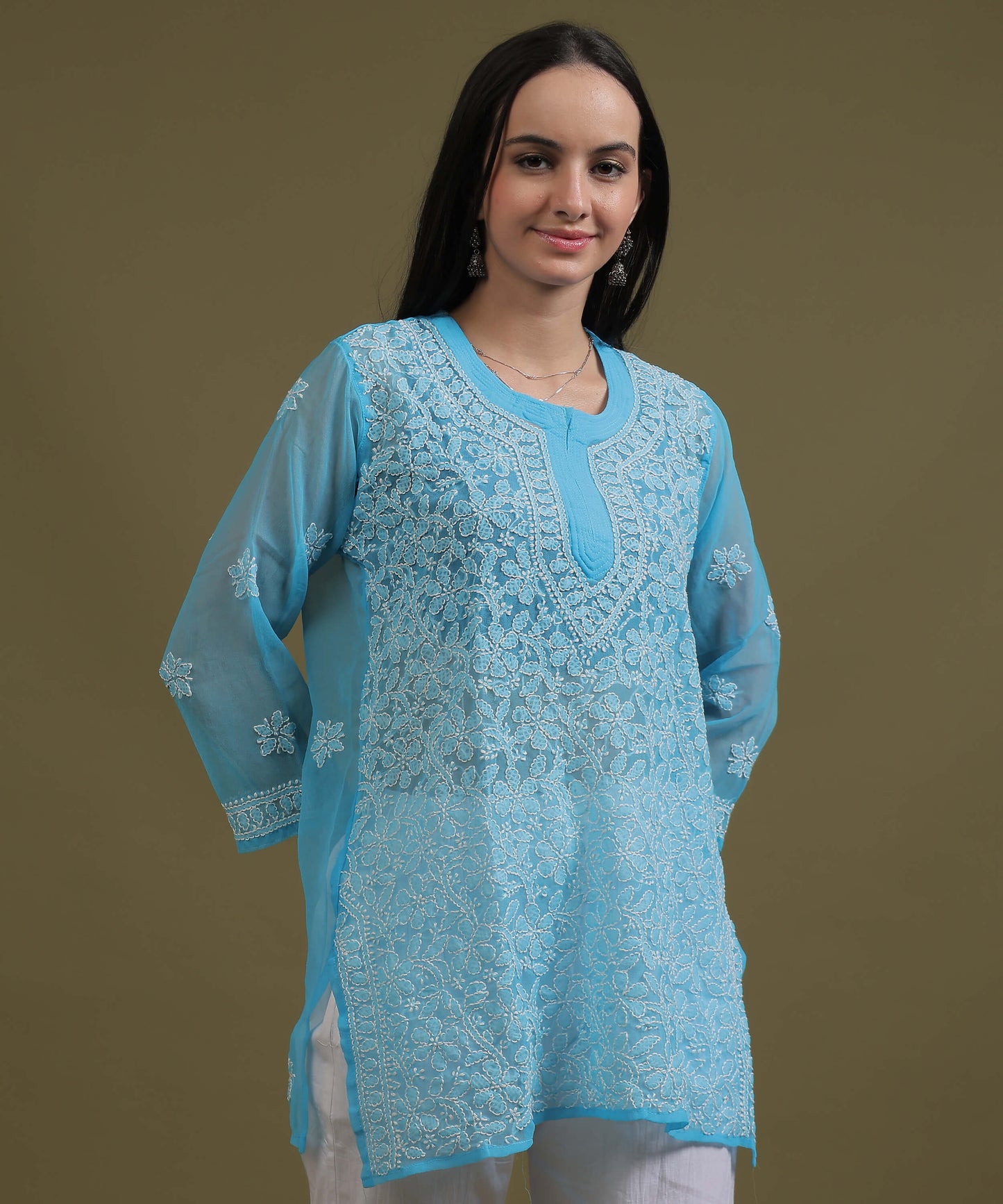NEA Chikankari Sky Blue Georgette Short Kurti With White Embroidery