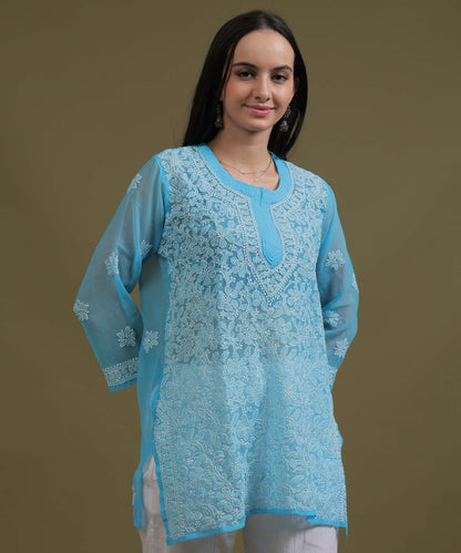 NEA Chikankari Sky Blue Georgette Short Kurti With White Embroidery