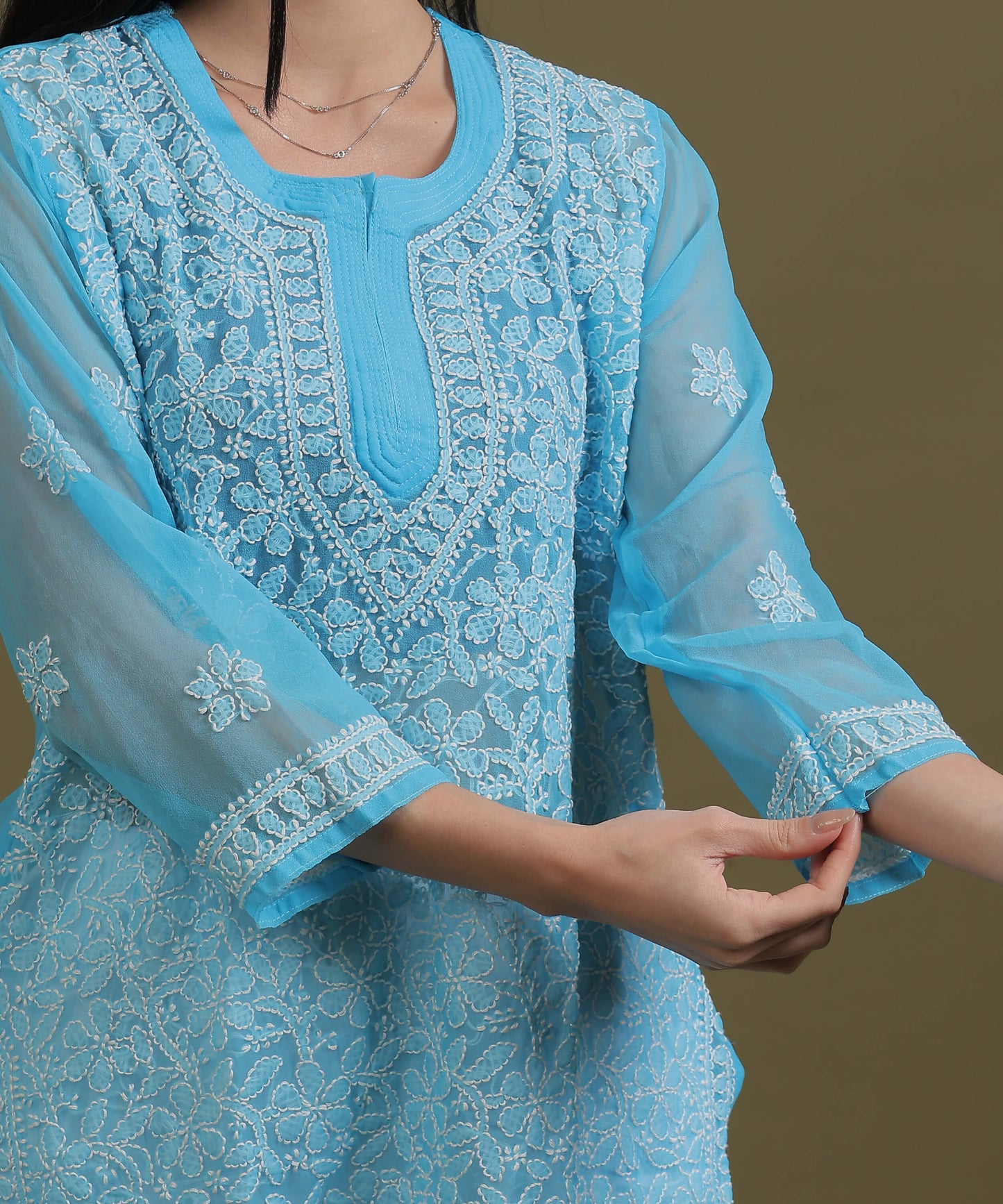NEA Chikankari Sky Blue Georgette Short Kurti With White Embroidery