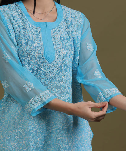 NEA Chikankari Sky Blue Georgette Short Kurti With White Embroidery