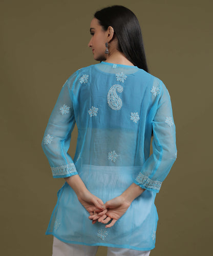 NEA Chikankari Sky Blue Georgette Short Kurti With White Embroidery