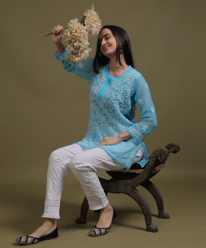 NEA Chikankari Sky Blue Georgette Short Kurti With White Embroidery
