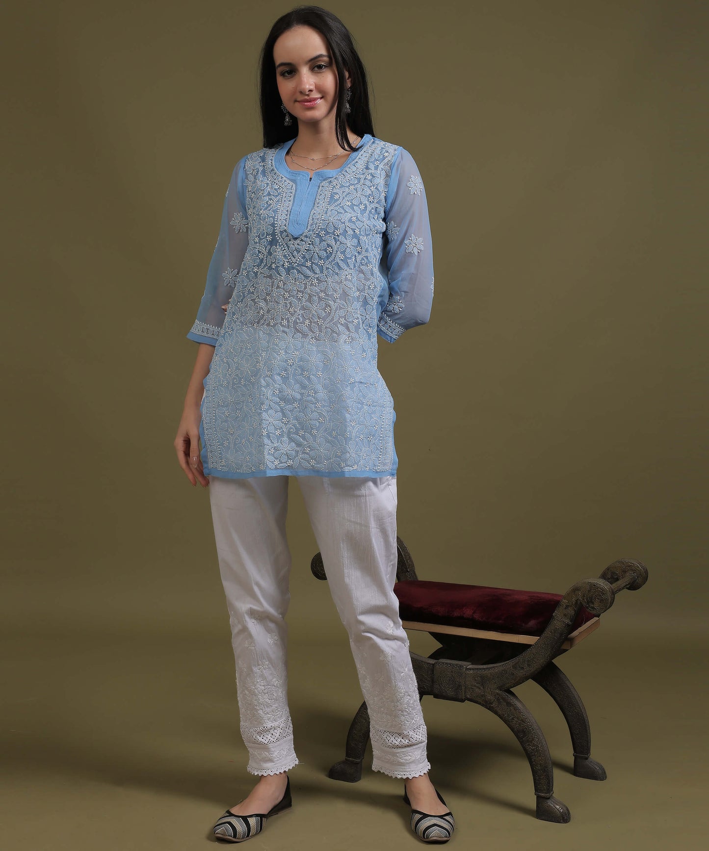 NEA Chikankari Ice Blue Georgette Short Kurti With White Embroidery