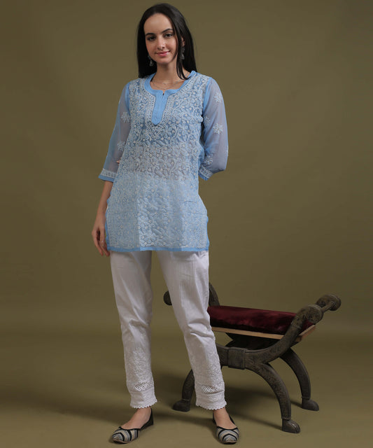 NEA Chikankari Ice Blue Georgette Short Kurti With White Embroidery