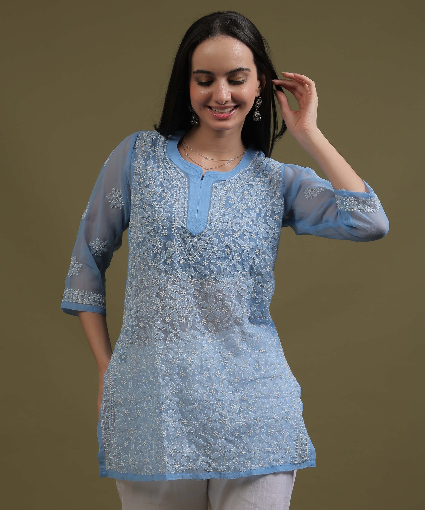 NEA Chikankari Ice Blue Georgette Short Kurti With White Embroidery