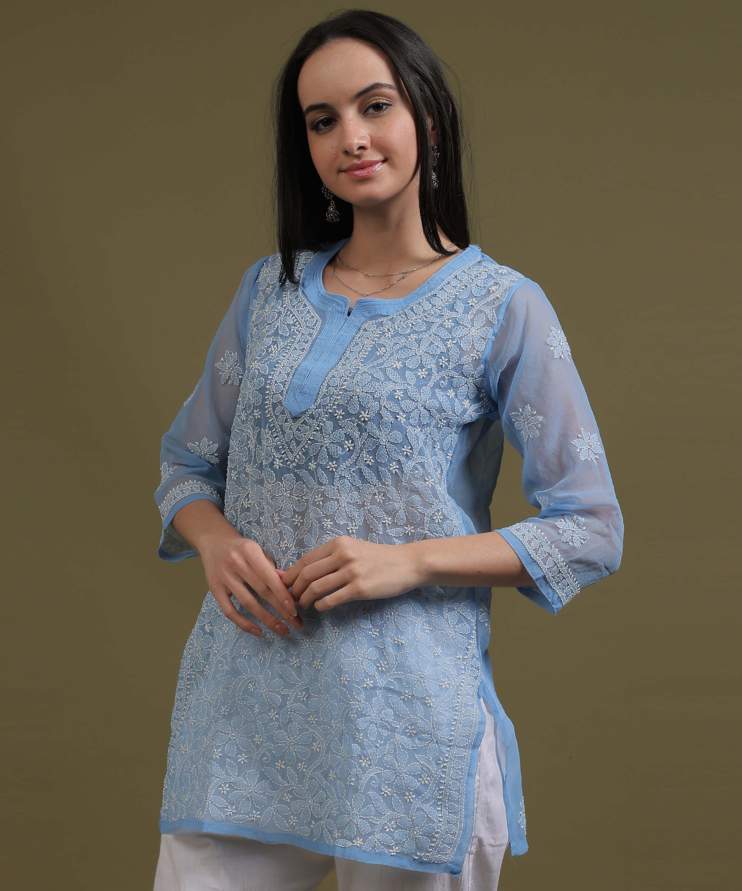 NEA Chikankari Ice Blue Georgette Short Kurti With White Embroidery