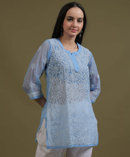 NEA Chikankari Ice Blue Georgette Short Kurti With White Embroidery
