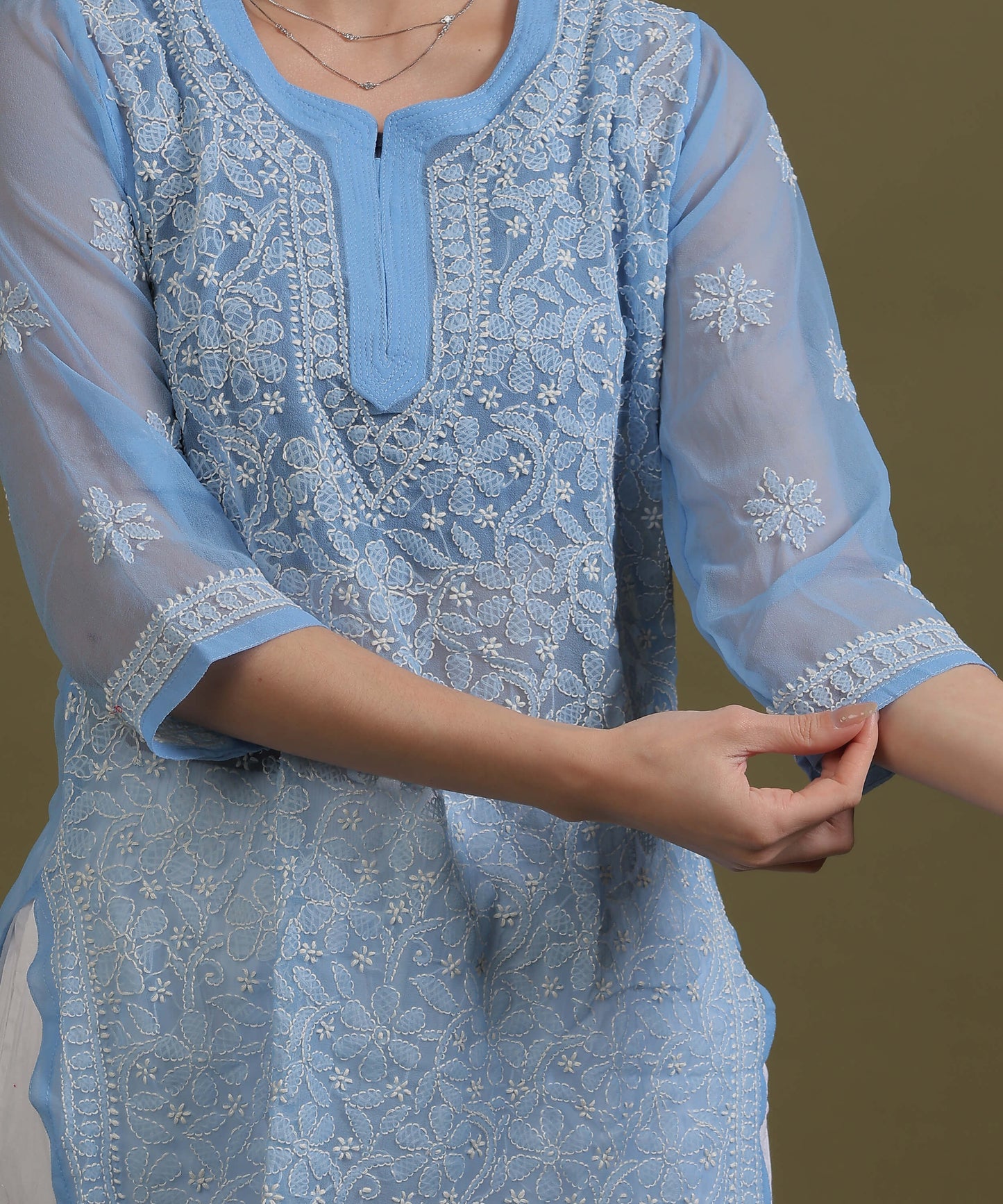 NEA Chikankari Ice Blue Georgette Short Kurti With White Embroidery
