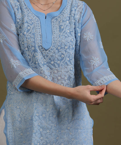 NEA Chikankari Ice Blue Georgette Short Kurti With White Embroidery
