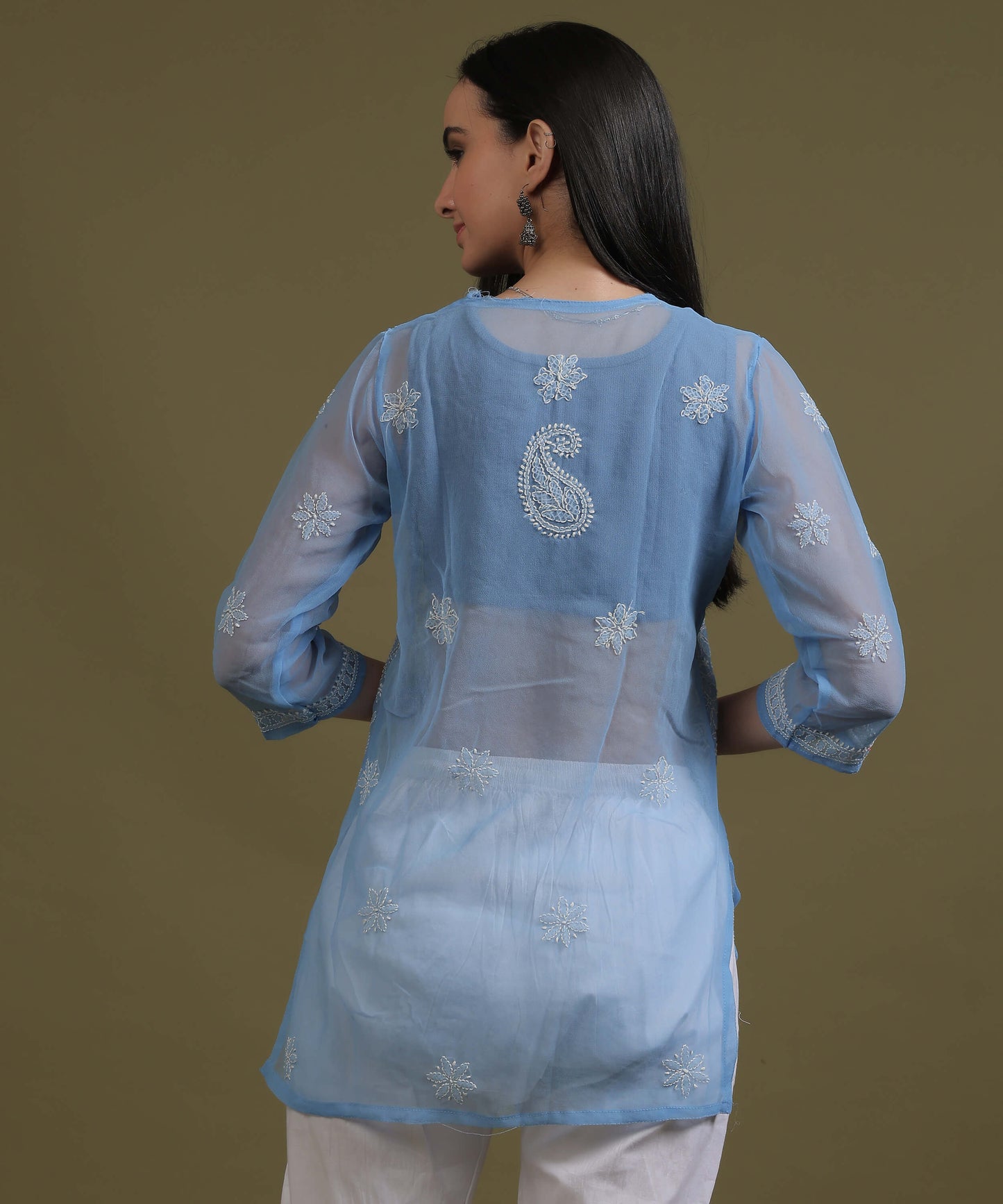 NEA Chikankari Ice Blue Georgette Short Kurti With White Embroidery
