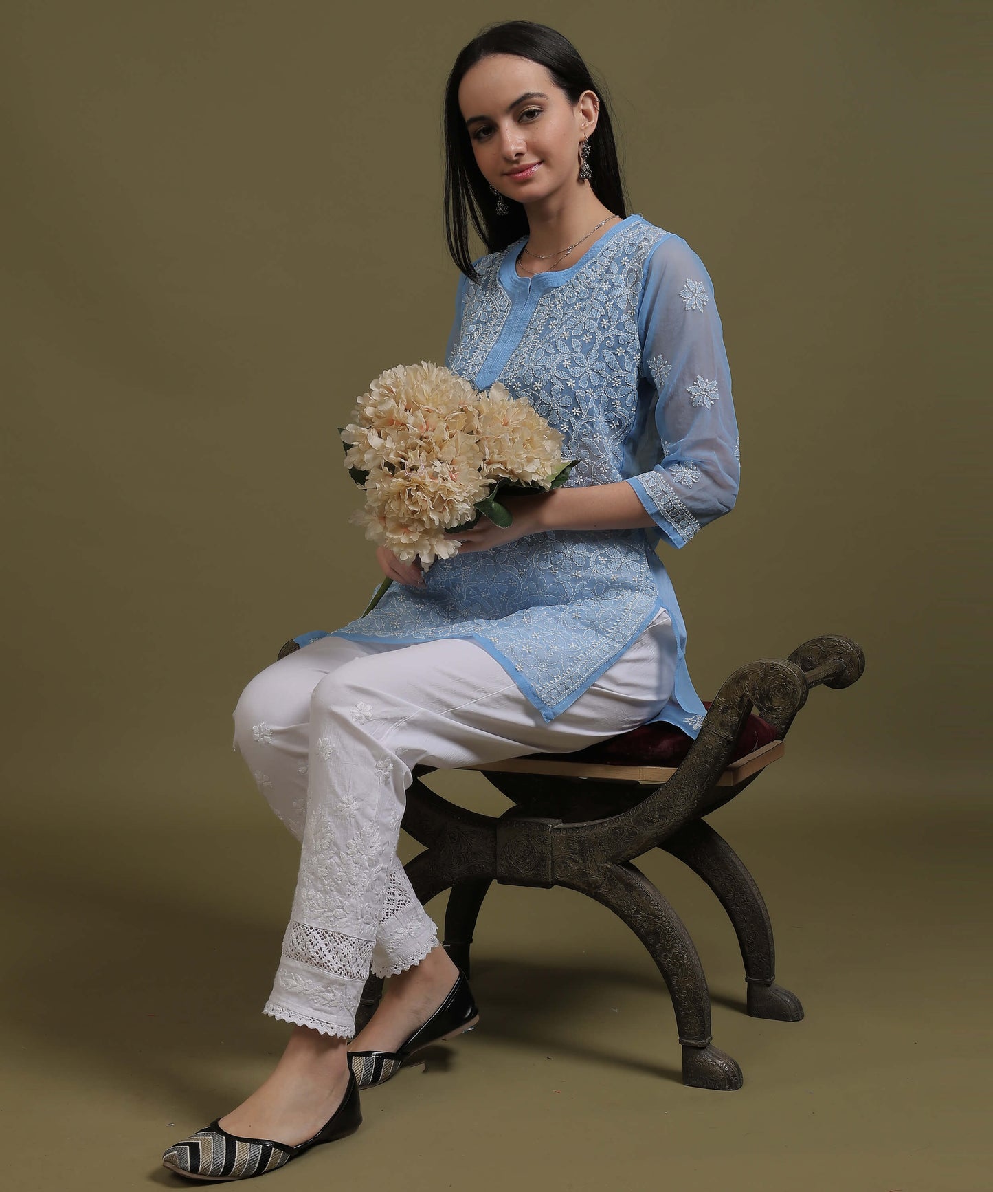 NEA Chikankari Ice Blue Georgette Short Kurti With White Embroidery