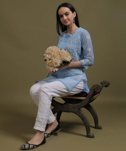 NEA Chikankari Ice Blue Georgette Short Kurti With White Embroidery