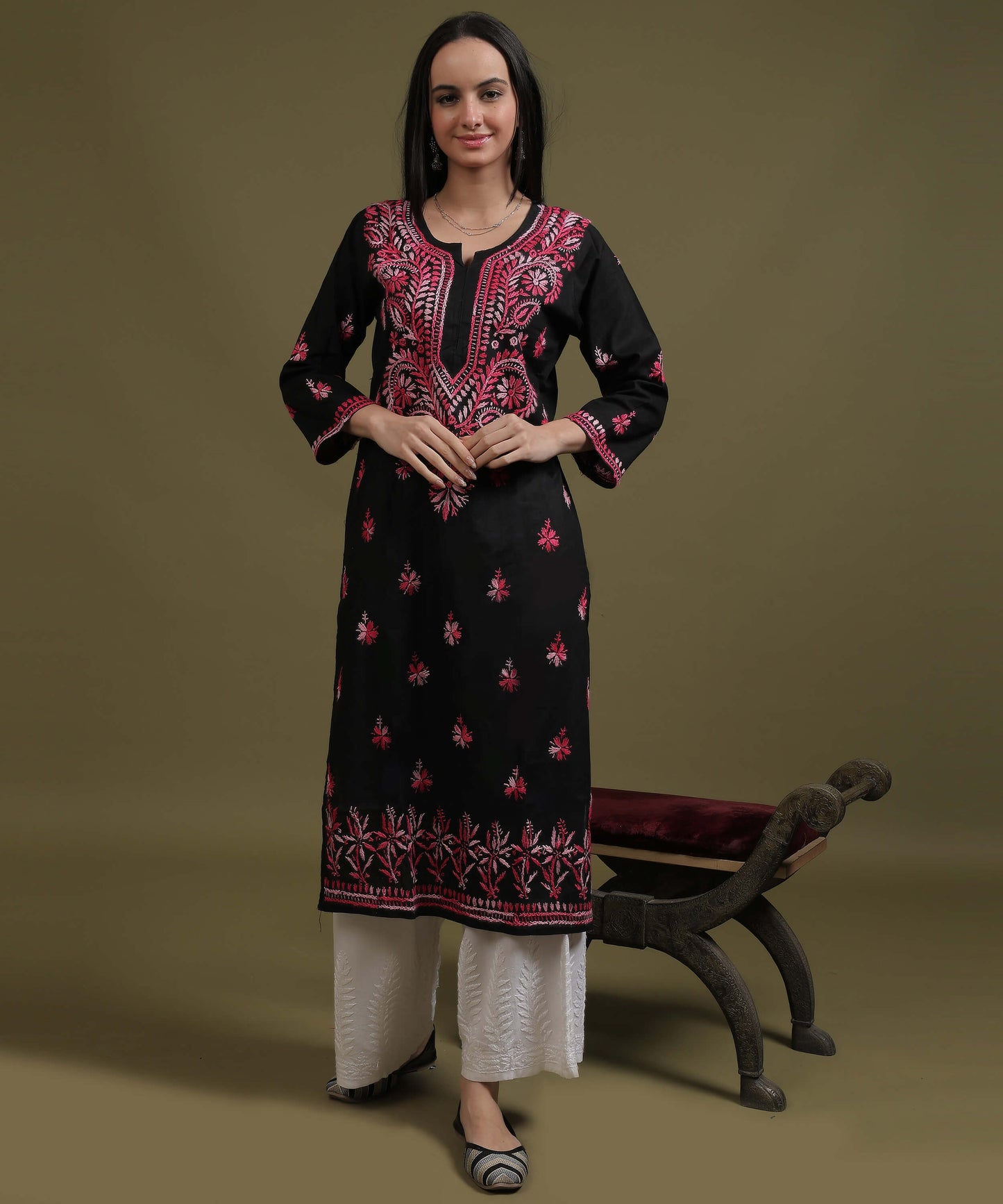 NEA Chikankari Black Cotton Kurti With Shaded Pink Embroidery