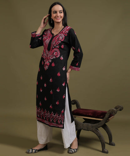 NEA Chikankari Black Cotton Kurti With Shaded Pink Embroidery