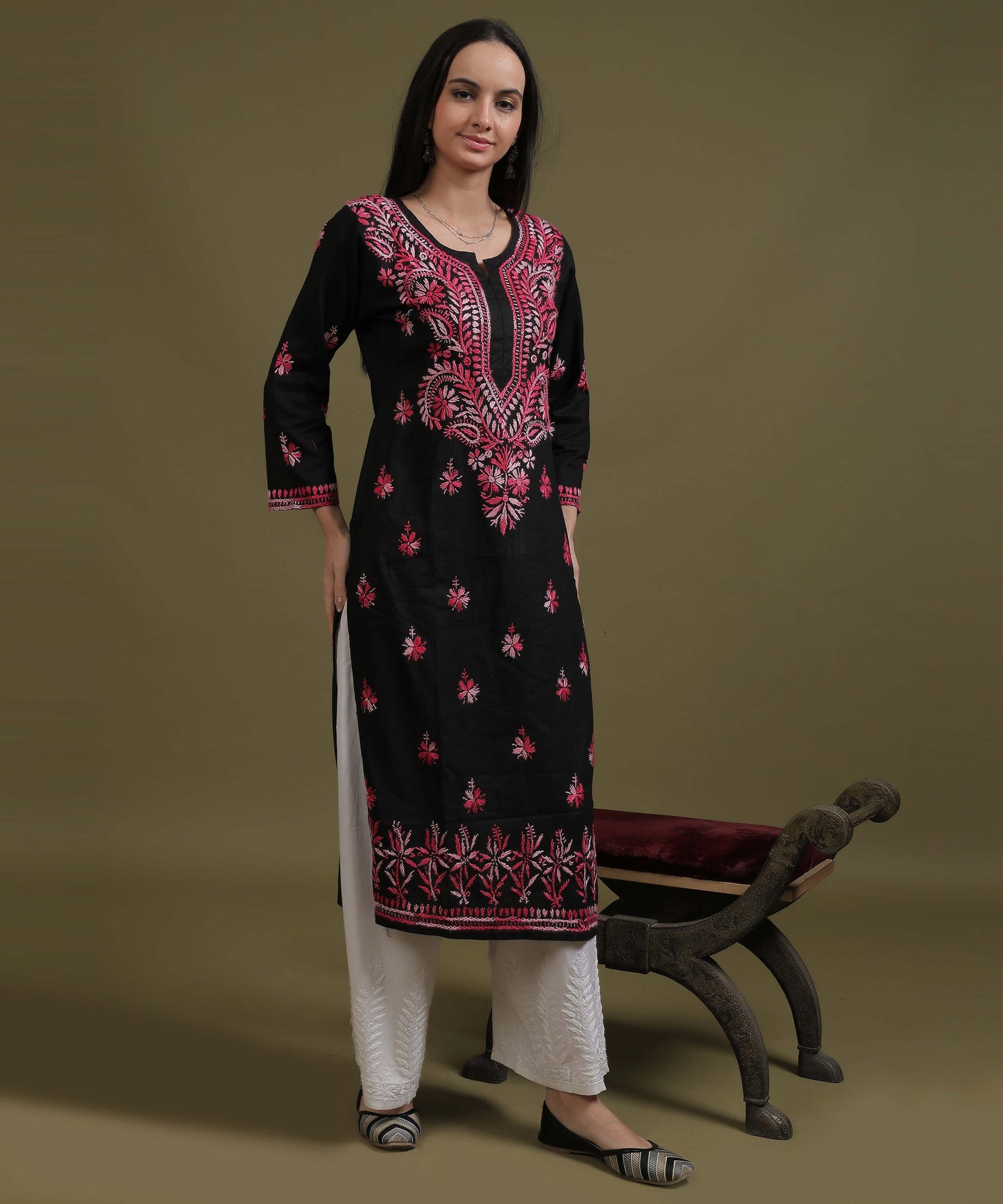 NEA Chikankari Black Cotton Kurti With Shaded Pink Embroidery