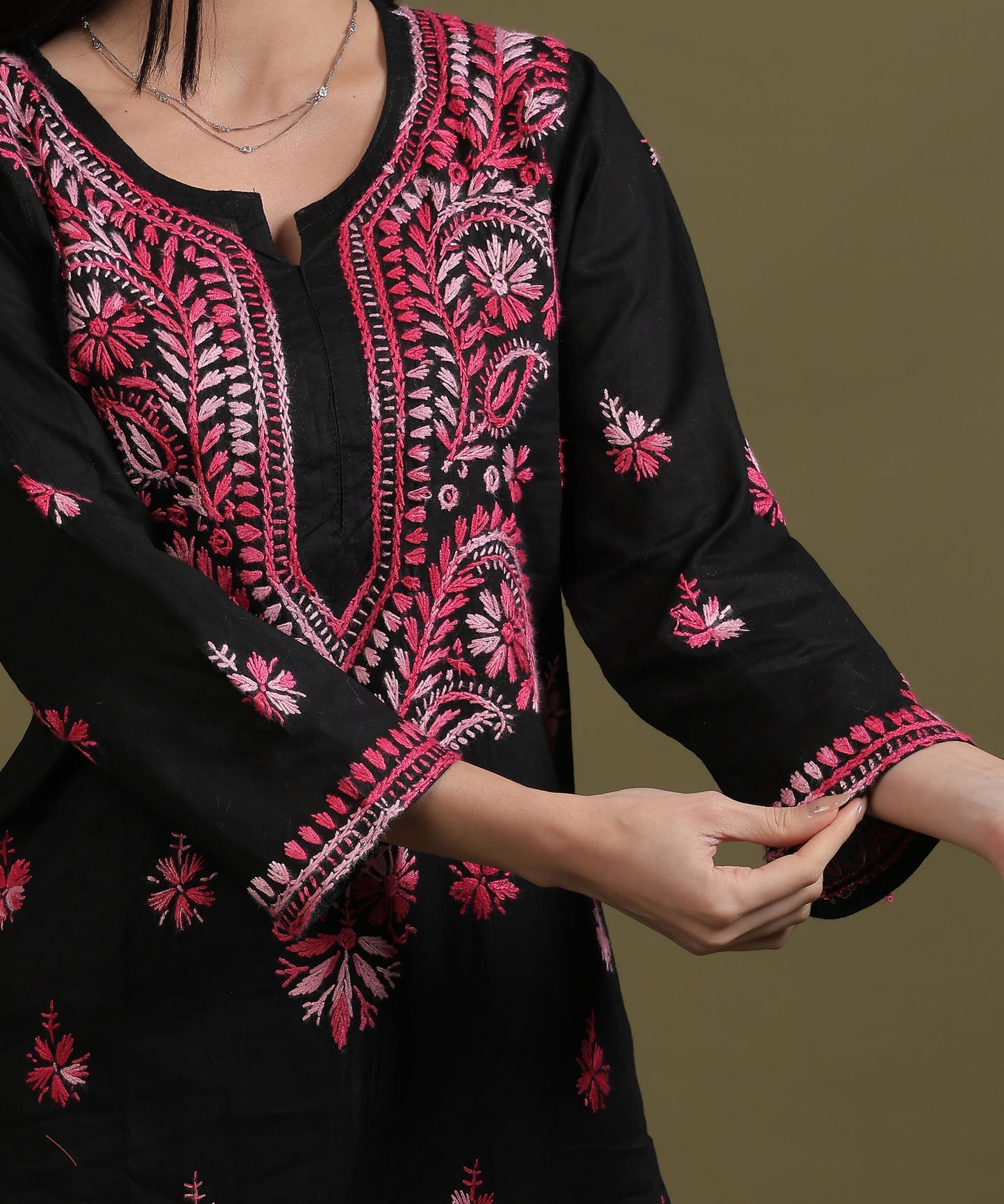 NEA Chikankari Black Cotton Kurti With Shaded Pink Embroidery