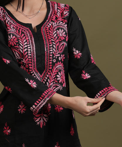 NEA Chikankari Black Cotton Kurti With Shaded Pink Embroidery